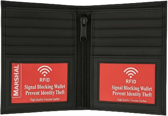 Marshal RFID Men's Genuine Leather European Bifold Wallet Slim Hipster 2 Windows Bk