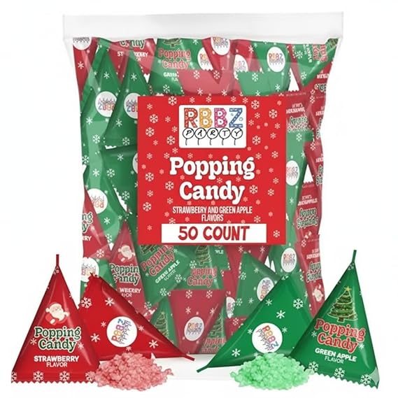 Christmas Popping Candy Bulk 50 Pack Individually Wrapped Holiday Candy Stocking Stuffers for Kids Xmas Party Favors, Classroom, Holiday Goodie Bag Fillers, Kids Christmas Treats, and Birthday Parties