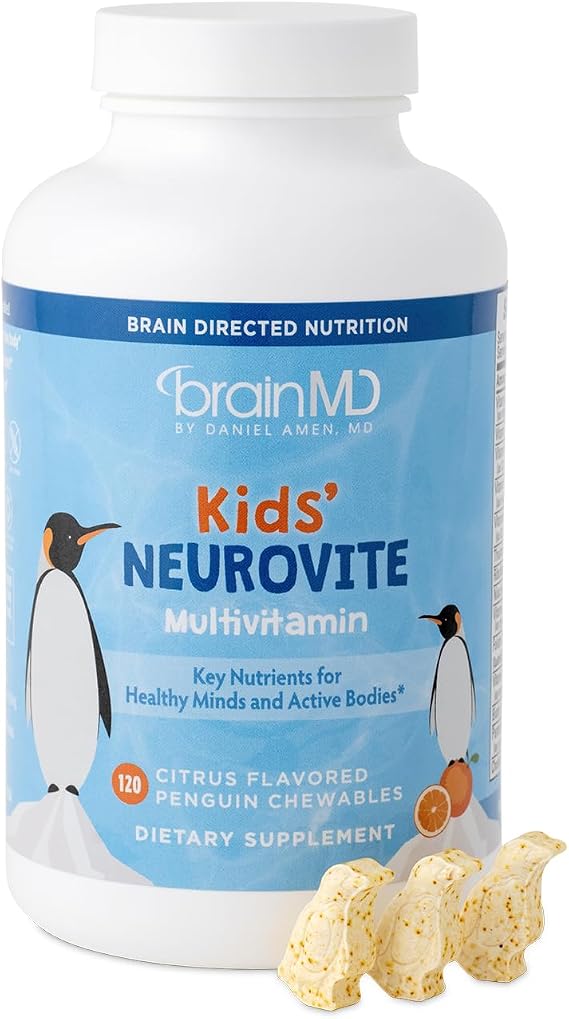 BrainMD Kids NeuroVite Multivitamin Chewables Orange, 120 Count | Penguin-shaped tablets with mineral blend, 60 servings, gluten free, daily nutritional support for healthy development