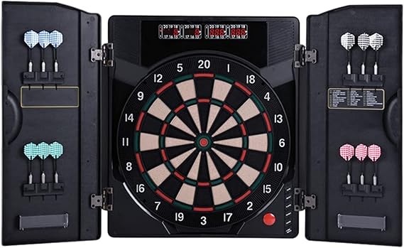 Electronic Dart Board, Built in Cabinet Doors with Integrated Scoreboard, Dart Storage for 12 Darts, for Professional Dart Games