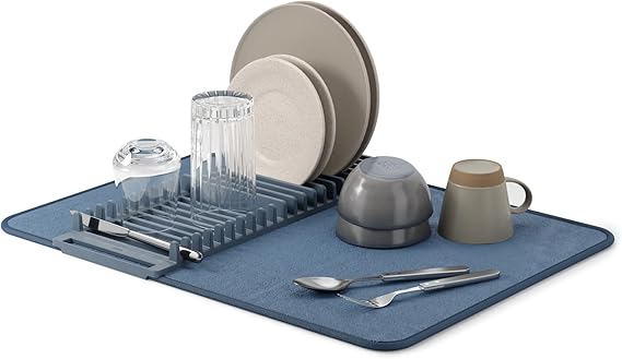 Umbra Udry Dish Drying Rack with Mat, Folds Flat for Storage, Slate Blue