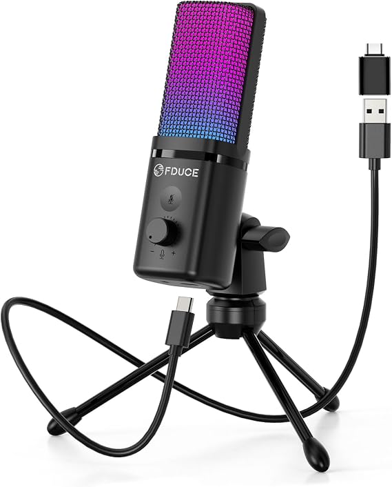FDUCE Gaming USB Microphone for PC,RGB Condenser Computer Mic with Tripod Stand,Quick Mute,Gain Control,Cardioid Mic for Streaming, Podcast, Twitch, YouTube, PC, Computer, PS5 (M160)