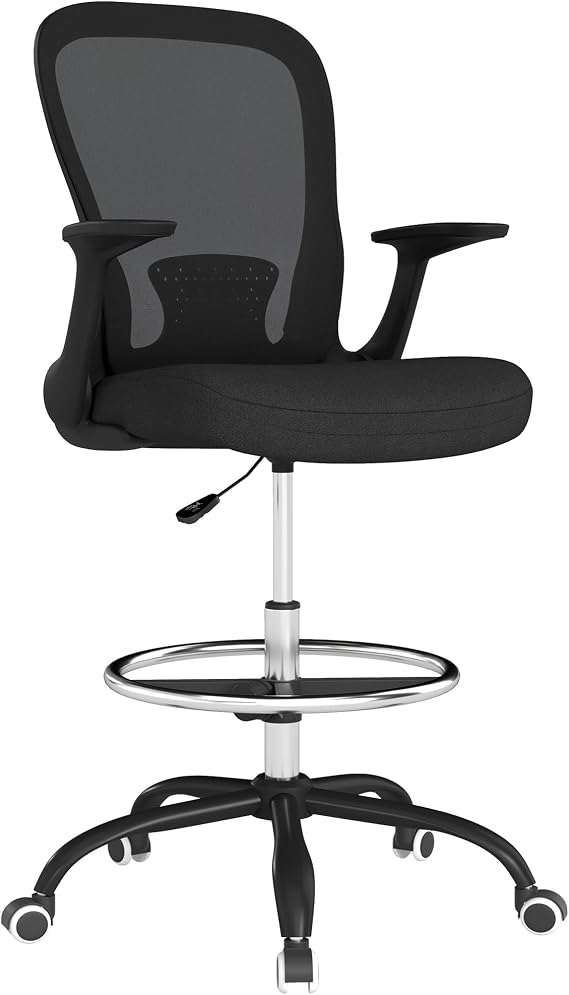 HOMCOM Drafting Chair Ergonomic High Office Chair Mesh Back Black | Flip-up Armrest, Lumbar Support, Adjustable Foot Ring, Swivel Wheels, for Standing Desk