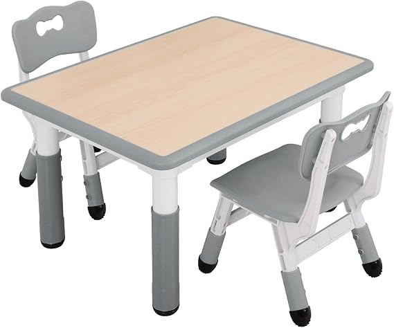 Kids Table and Chairs Set, Height Adjustable Toddler Activity Table with 2 Chairs, Plastic Study Desk for Drawing, Crafts, Reading, Snack Time and Playroom, Ages 2-10