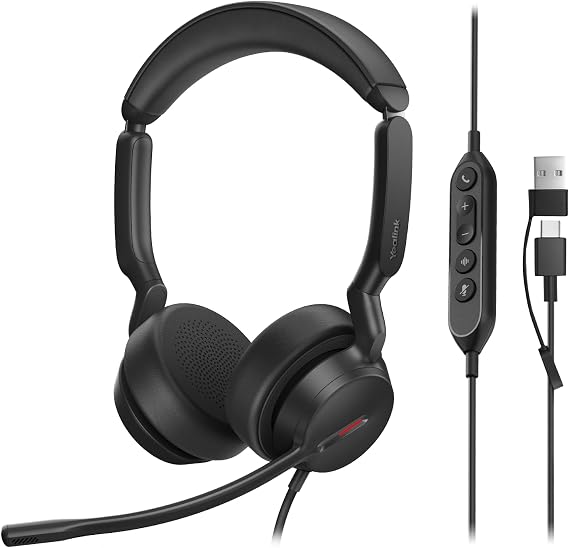 Yealink UH44 Wired USB Headset for Work, USB-C/A, 2 Noise-Canceling Mics | wired headphones with microphone for work,usb headset for pc laptop,office headset,work from home,busy light,inline controls