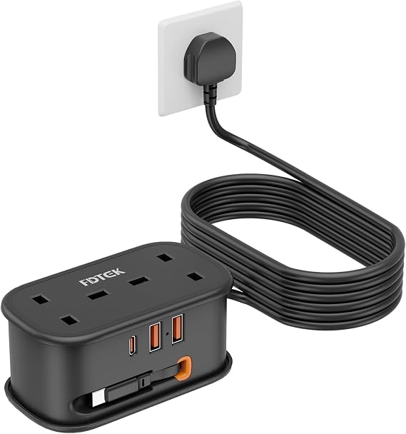 Travel Extension Lead, FDTEK 2 Way Power Strip with Retractable USB C Cable and 3 USB Slots, Small UK Extension Socket with 1.5M Cable for Travel Home Office Camping Cruise