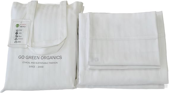 Organic Cotton Comfortable and Soft Sateen Stripe Bed Sheet Set - Luxury Hotel Quality - GOTS Certified - White - Deep Pocket - Easy Care - Queen