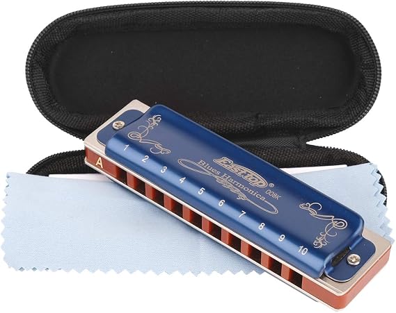 East top Professional Harmonica Blues Key of A 10 Hole 20 Tone Heavy Duty with Case & Cleaning Cloth for Professional Player, Beginner by Eison-East Top,Blue,Best Gift