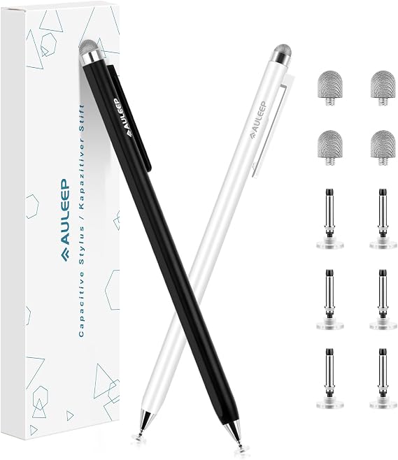 AULEEP 2-in-1 Stylus (Fiber & Disc Tip) Stylus Pens for Touch Screen, High Sensitivity & Precision Capacitive Stylus Pencil for All Touchscreens & Tablets/iPhone/ipad/Samsung (2 Pcs-Black/White)