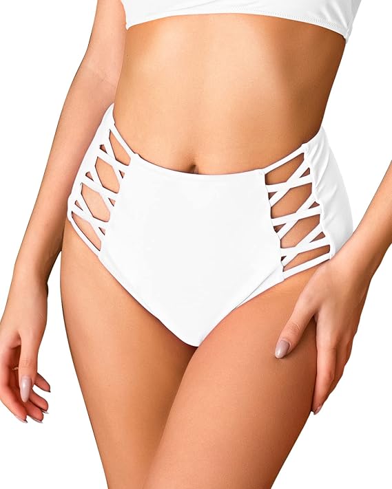 Annbon Strappy High Waisted Bikini Bottoms Tummy Control Bathing Suit Swimsuit Rave Bottoms for Women Full Coverage