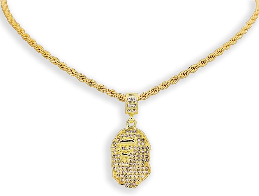 Yellow Gold-Tone Iced Style Bling Hip Hop Bape Ape Pendant with 24" Solid Rope Necklace Chain