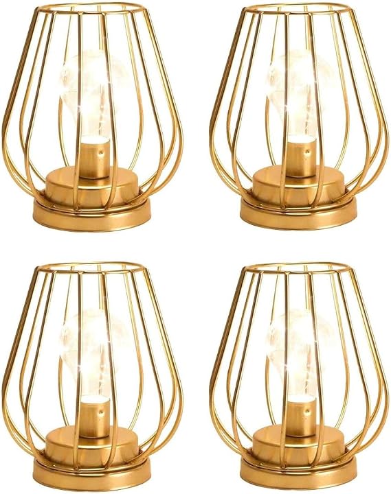 TRIROCKS Set of 4 Metal Battery Operated Lamp 7'' Tall Mini Cage Shape Cordless Table Lamp Battery Lanterns with Warm Fairy Lights Bulb for Patio Garden Wedding Parties Indoor Outdoor(Gold)