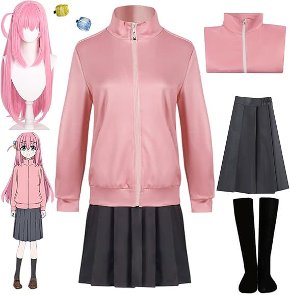 Buyoem Bocchi the Rock Cosplay Costume Gotoh Hitori Cosplay Costume Jacket Dress Pink Coat Skirt Headdress Socks Wig