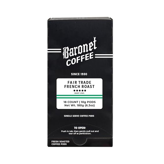 Baronet Coffee Pods [Organic Fair Trade French Roast-54 Pods] Single Cup Use, Like Senseo [3 Boxes of 18 Single Serve 10 Gram] Regular Strength [Dark Org Fr Roast]