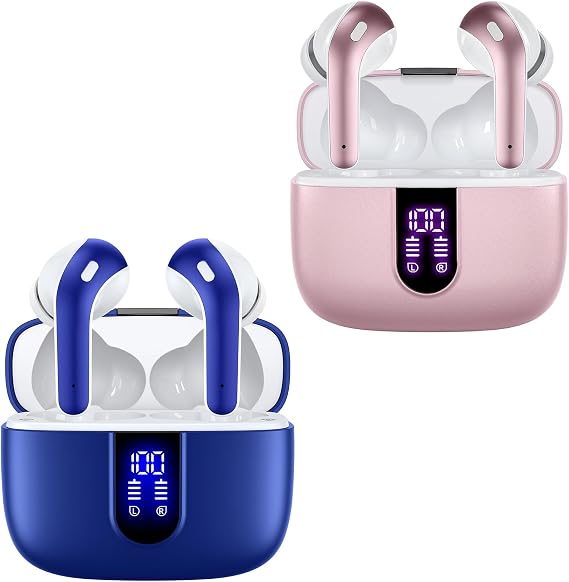 TAGRY 2 Sets X08 Pink and Ocean Blue Bluetooth Headphones True Wireless Earbuds 60H Playback Ear Buds with Wireless Charging Case in-Ear Earbuds with Mic