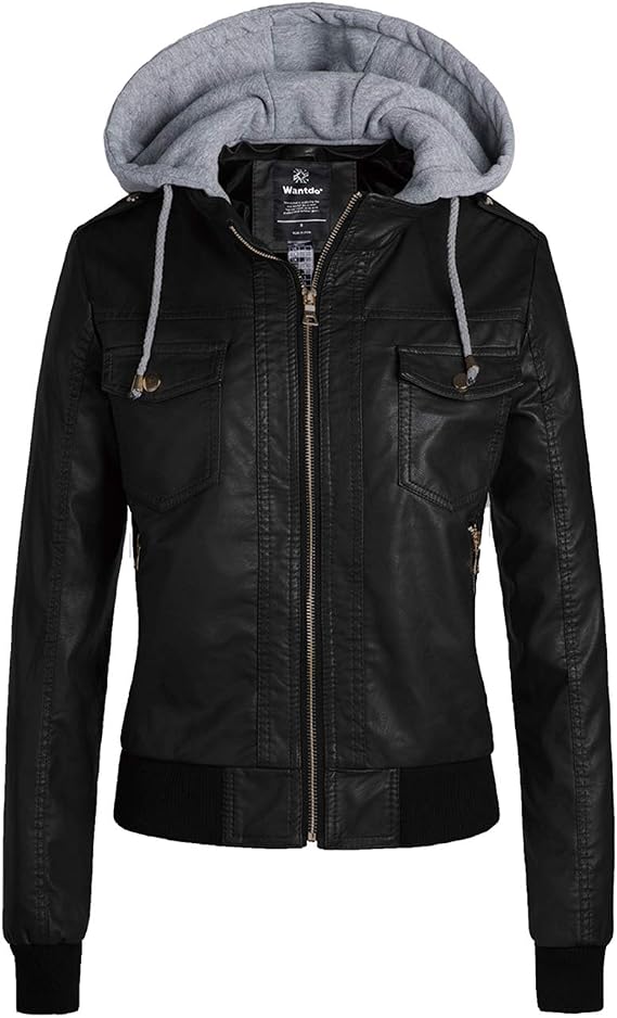 wantdo Faux Leather Jacket for Women, PU Moto Biker Bomber Motorcycle Coat