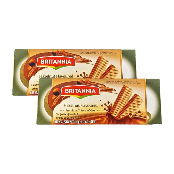 Britannia Hazelnut Flavoured Premium Cream Wafers 6.17oz (175g) - Breakfast & Tea Time Snacks - Crunchy, Healthy and Delicious (Pack of 2)