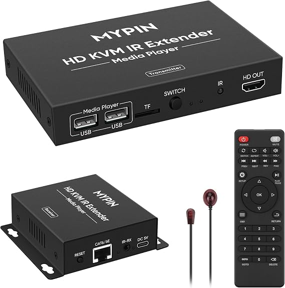 1080P HDMI KVM Extender Over Cat 6/7/8 Cable up to 492 ft, HD Digital Media Player for USB Drives,HDMI Extender with 3.5mm Audio & Loop Out, Supports IR Remote, Support for One to Many Connection