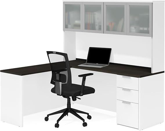 Bestar Pro-Concept Plus 72W L-Shaped Desk with Pedestal and Frosted Glass Doors Hutch in White & deep Grey
