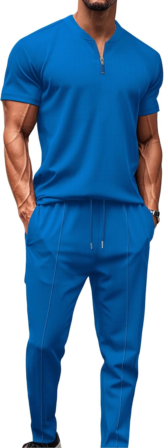 Men's Tracksuits 2pcs Short Sleeve Zip Workout Top & Trouser Set for Casual Sport Summer Outfits Lounge 