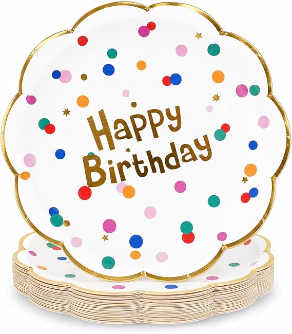 Happy Birthday Paper Plates, White and Gold, 7 Inch