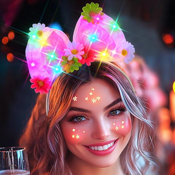JEAIRTS Light Up Bow Headband Glow Flower Headpiece Led Daisy Hair Accessories for Women