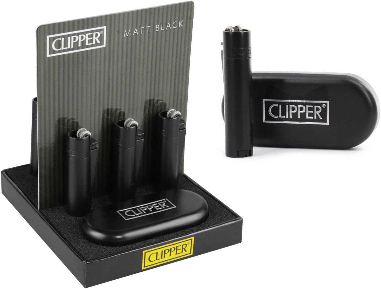 Fennys Creation 1 x Orijinal Clipper çakmak, mat siyah metalden krom kaplama metal kutulu.
