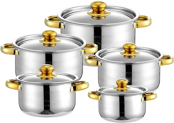 10-Piece Gold Handle Stainless Steel Cookware Set, 5 Pots & Lids, Even Heat Distribution, Works with Gas Electric Induction Ceramic Halogen