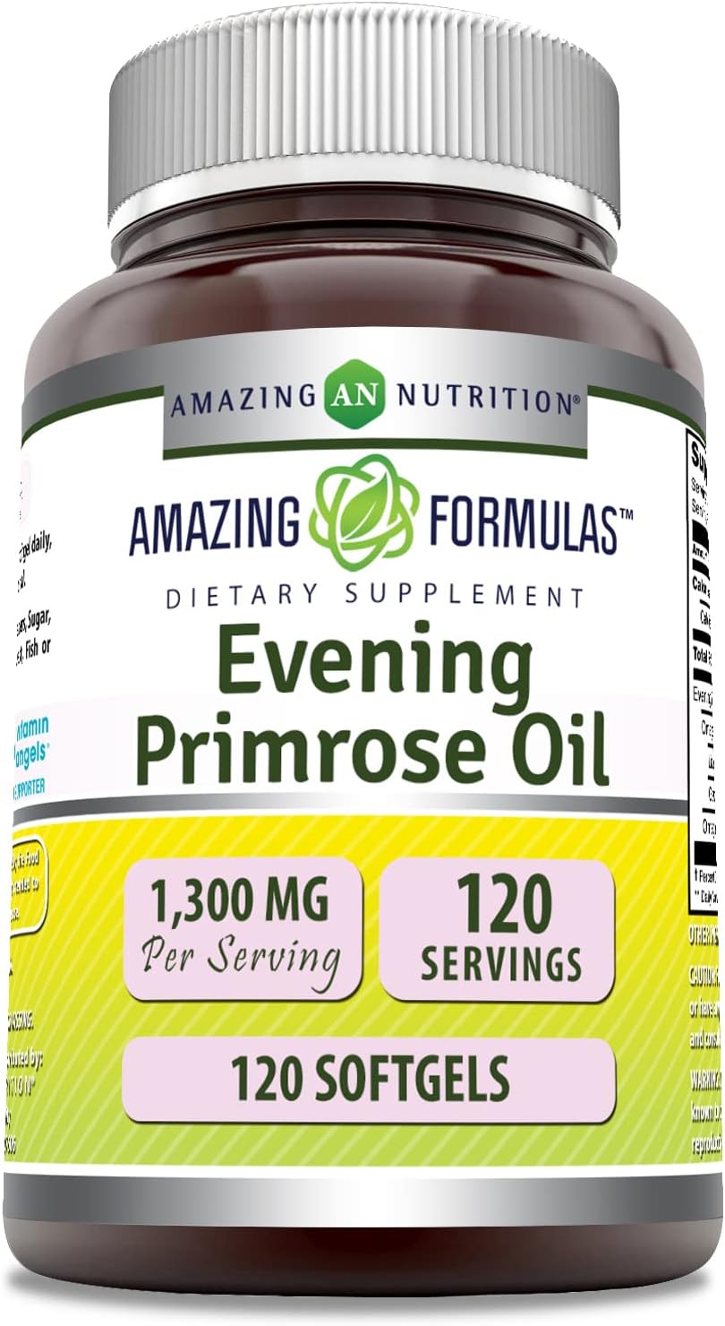 Amazing Formulas Evening Primrose Oil 1300mg, 10% GLA, Softgels Supplement | Hexane Free Cold Pressed Oil | Non-GMO | Gluten Free 120 Count