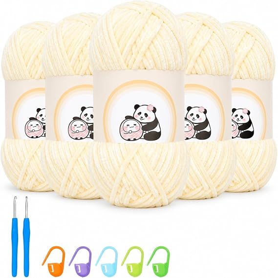 Chenille Yarn Set 5×500g, 5 Pack Plush Chunky Wool for Crochet & Knitting