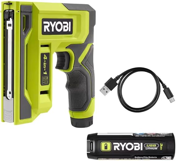 RYOBI USB Lithium 4-in-1 Stapler/Nailer Kit, Cordless with 3Ah Battery, 600+ Staples Per Charge, LED Indicator, Precision Guide