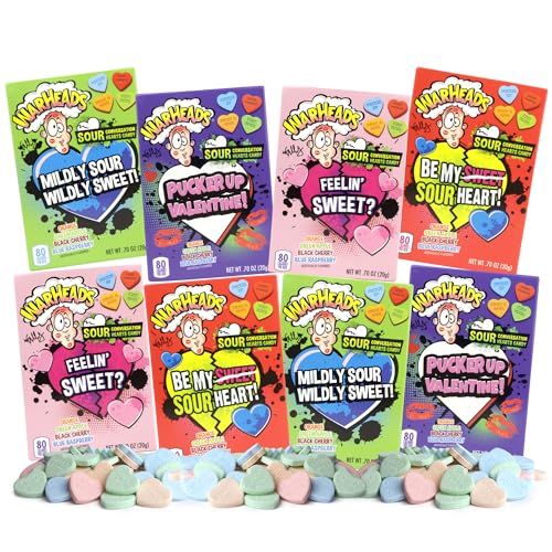 Valentines Day Warheads Sour Conversation Hearts, Mini Individual Boxes with Hard Candies Inside, Assorted Fruit Flavors, 0.70 Ounces Each Pack of 8