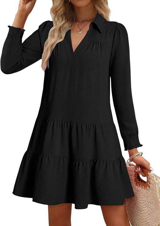Wkior Casual Dresses for Women Long Sleeve Fall Lapel Collared V Neck Pleated Midi Dress 2026