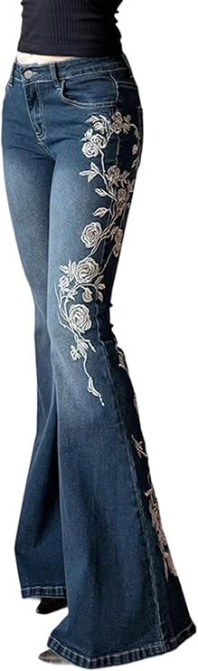Women Bell Bottom Jeans Stretchy Flare Mid Rise Embroidery Vintage Denim Pants 90s Outfits Y2k Clothes