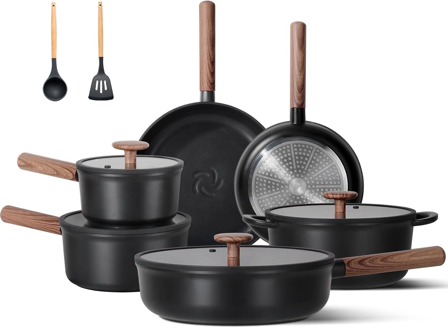 JEETEE Ceramic Cookware Sets 17 pcs, Healthy Pots and Pans Set Non Stick, Induction Kitchen Cooking Set with Removable Handles, Stackable Pots Pans, Oven Safe, PFOAPFOS Free, Black