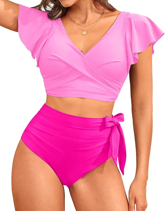 Aqua Eve Ruffle Bikini High Waisted Swimsuit - Women Two Piece Bathing Suit Tummy Control Bikini Set