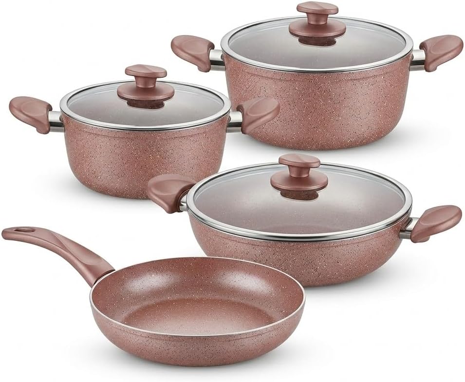 Papilla Optimum Argos 7 Parça Tencere ve Tava Seti - Pembe Kırçıl Renkli Yanmaz Yapışmaz Çeyiz Paketi Cam Kapaklı (20/24/26 cm Tencere + 26 cm Tava)