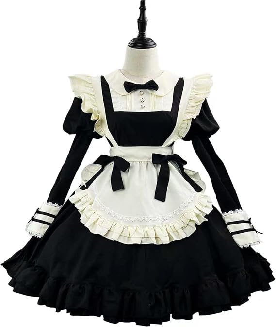 Women's Anime French Maid Costume Long Black White Ruffled Apron Dress