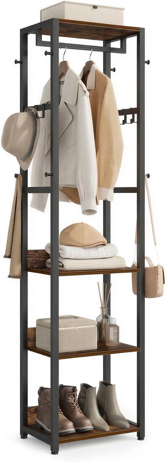 VASAGLE Freestanding Coat Rack, Hall Tree with Shelves, Steel Frame