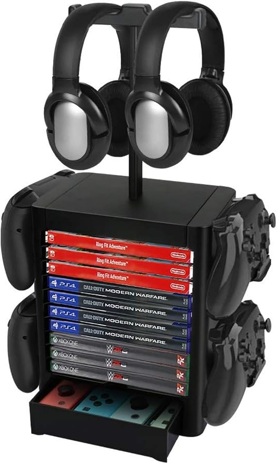 Game Storage Tower Stand, Universal Game Holder Rack for PS5/PS4/Xbox Series X/Xbox one/Switch Games with 4 Controller Holders and Drawer, Stores 10 Game (Black)