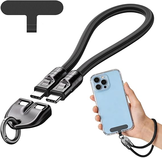 2-in-1 Phone Wrist Lanyard USB-C Cable,PD 240W USB-C to USB-C Fast Charging & Data Cable, 0.98ft Braided Cell Phone Wrist Strap for Phone Case,Durable Charm Lanyard for Most Smartphones(Black)
