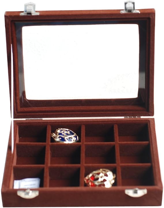 PU Velour Leather Multipurpose 12 Grids Jewellery Display Box Ring/Earrings/Necklace Tray Storage Case Organizer - Cofee
