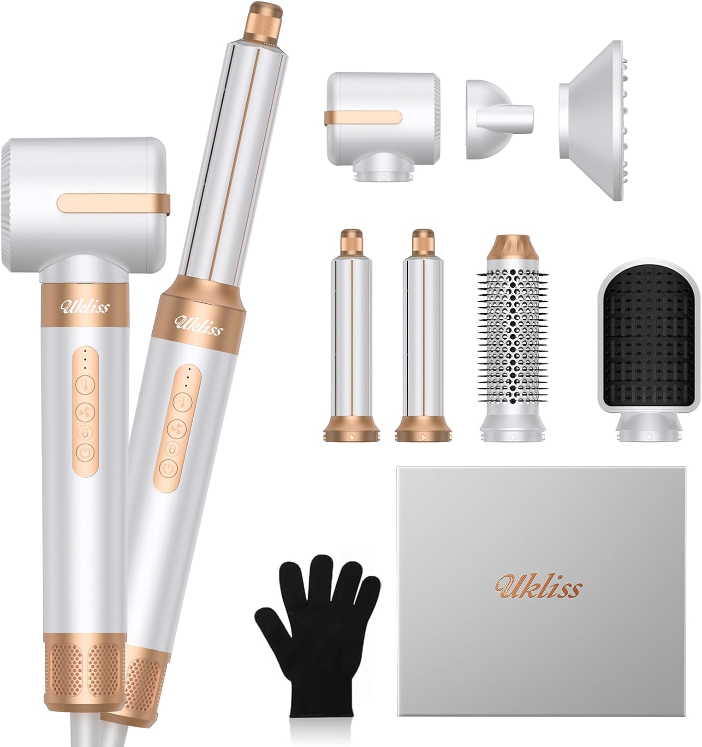 UKLISS 7si 1 Arada Saç Kurutma Fırçası, Kıvırcık ve Bukleli Saçlar İçin Difüzörlü 110000 RPM Profesyonel İyonik Fırça, Salon Kalitesinde Şekillendirme İçin Saç Kurutma Makinesi, Beyaz Altın