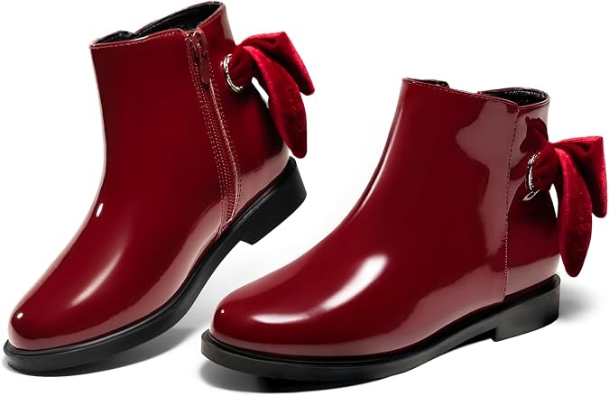 Coutgo Girls Ankle Boots Kids Bow Chunky Low Heel Side Zipper Dress Booties Fashion Fall Shoes