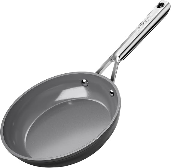 20cm Ceramic Frying Pan, Diamond-Titanium Nonstick Pan, PFAS & PTFE & PFOA Free, Stainless Steel Handle, Dishwasher/Oven Safe, Grey