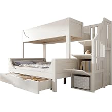 Staircase Loft Bunkbed Frame, Guardrail Sleeper System, Underbed Drawer Storage, Step Cabinet Shelving, Solid-Wood Core MDF Construction, Slatted Base Boxspringless,Sled-Curve Panels (White,Single)