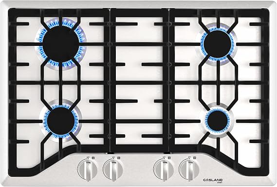 GASLAND 30 inch Gas Cooktop, Drop in Gas Counterop, 4 Italy Sabaf Sealed Burners, 28,300 BTU NG/LPG Convertible, 3.9 ft Cord Plug, Auto Ignition, Thermocouple Protection
