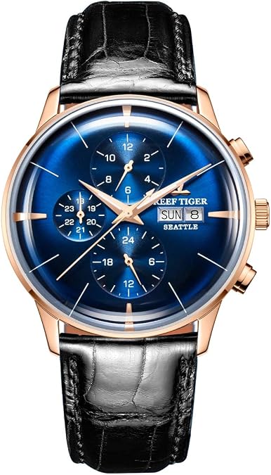 REEF TIGER Luxury Multifunction Watches for Men Steel All Blue Automatic Watches RGA1699
