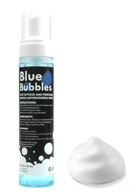 DGT 8.5oz Blue Bubbles Foaming Aftercare Tattoo Soap to Heal, Cleanse, and Clean Skin & Piercings - Gentle, Moisturizing, Vegan Formula (8.5oz, Foam)