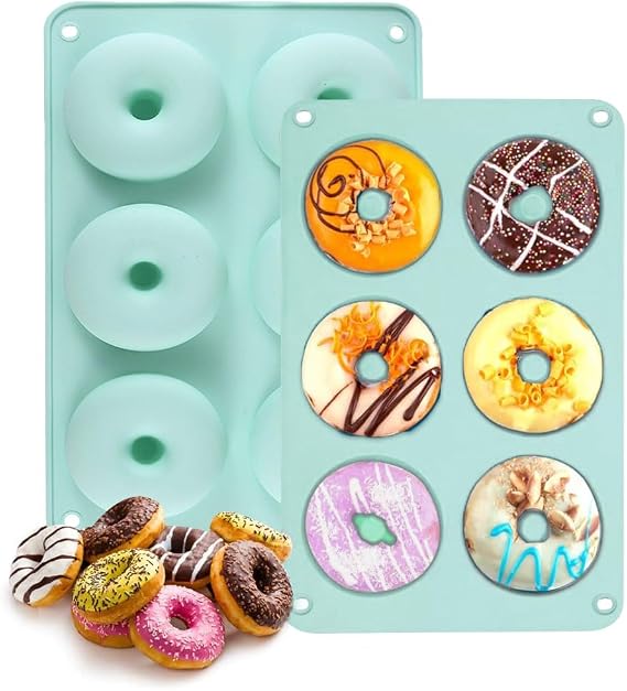 Silicone Donut Pan, Non-Stick Mold, Donut Mold for 6 Full-Size Baking Perfect Shaped Doughnuts - Cake Biscuit Bagels 2Pcs (Mint Green)